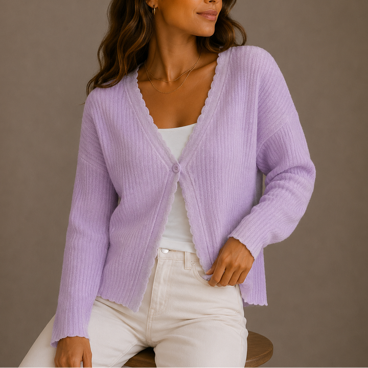 Women's Ribbed Knit Cardigan with Scalloped Trim