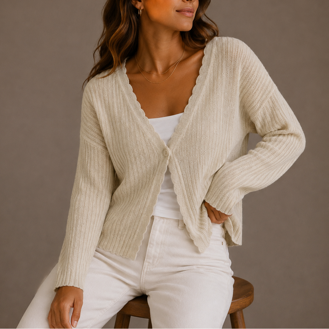 Women's Ribbed Knit Cardigan with Scalloped Trim