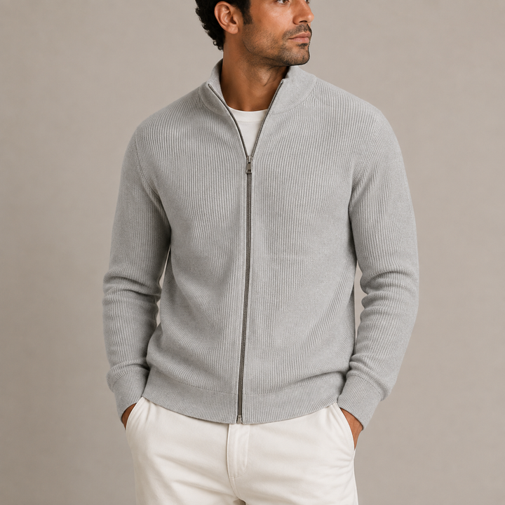 Men's Ribbed Knit Zip-Up Cardigan with Stand Collar