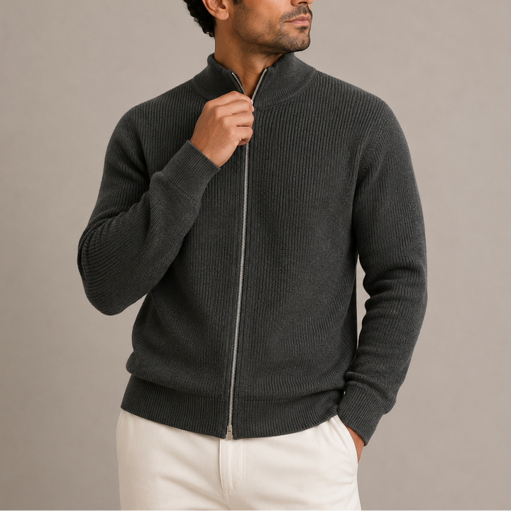 Men's Ribbed Knit Zip-Up Cardigan with Stand Collar