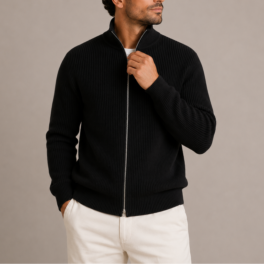 Men's Ribbed Knit Zip-Up Cardigan with Stand Collar