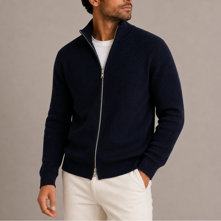 Men's Ribbed Knit Zip-Up Cardigan with Stand Collar