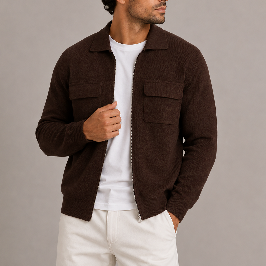 Men's Collared Knit Zip Jacket with Flap Pockets