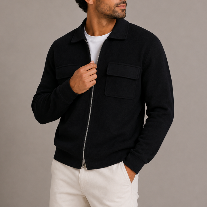 Men's Collared Knit Zip Jacket with Flap Pockets