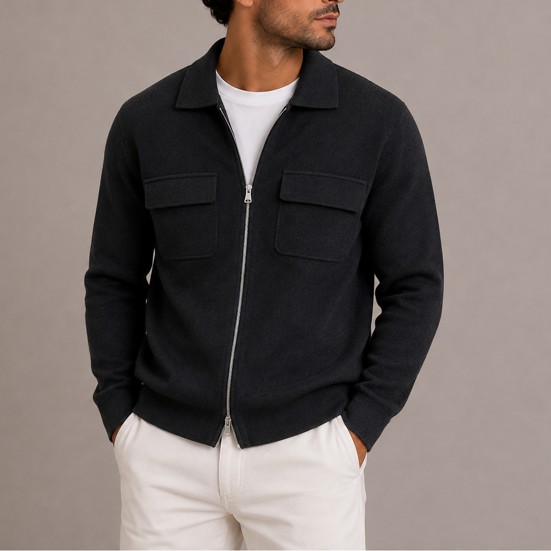 Men's Collared Knit Zip Jacket with Flap Pockets