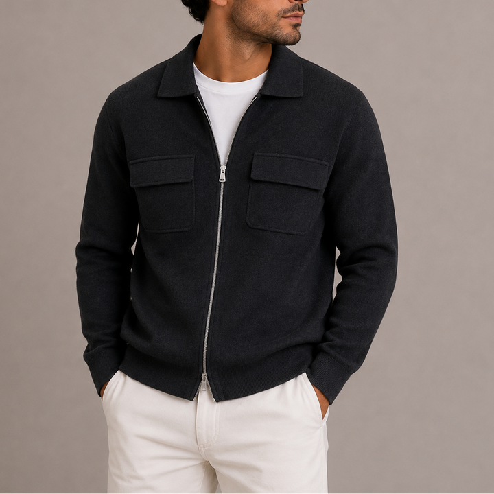 Men's Collared Knit Zip Jacket with Flap Pockets