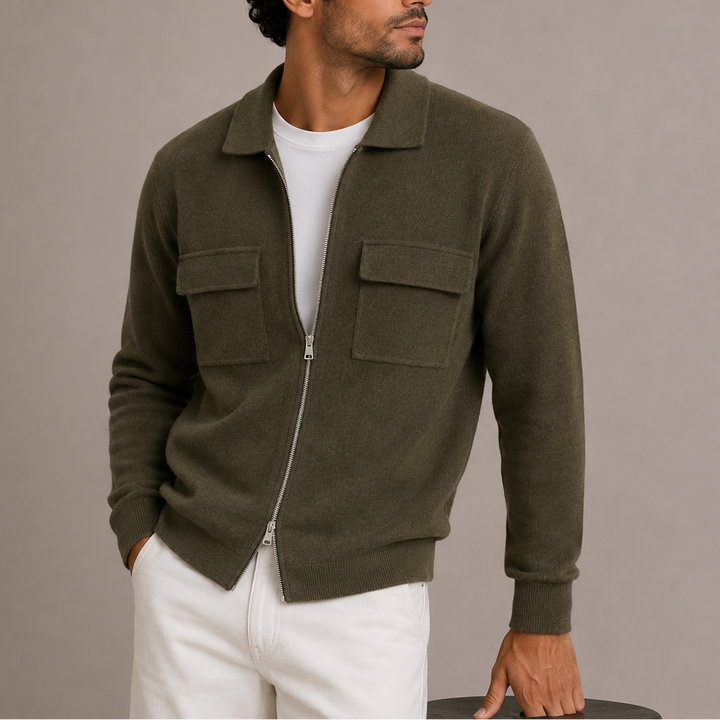 Men's Collared Knit Zip Jacket with Flap Pockets