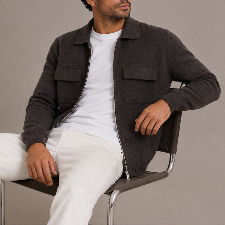 Men's Collared Knit Zip Jacket with Flap Pockets