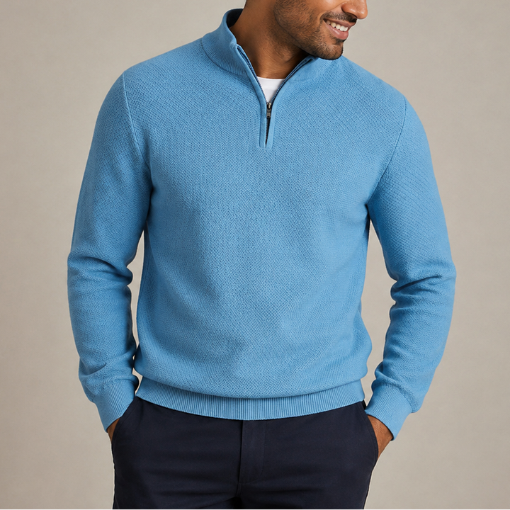 Men's Textured Knit Quarter Zip Jumper with Stand Collar