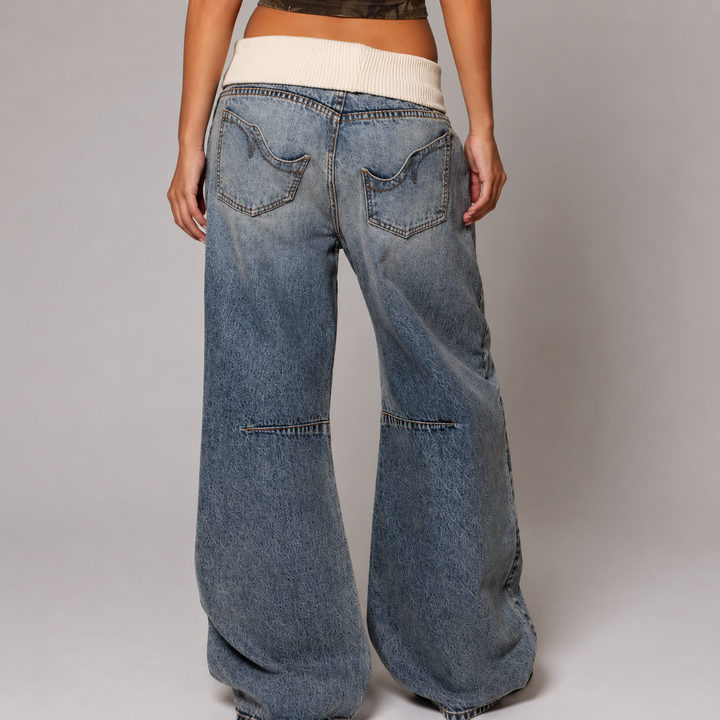 Women's Wide-Leg Baggy Jeans with Ribbed Waistband
