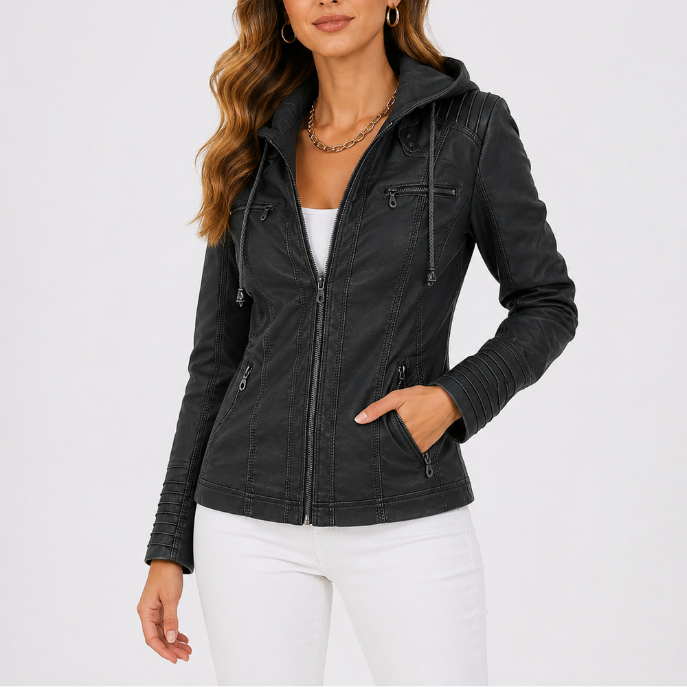 Women's Hooded Faux Leather Jacket with Zip Pockets