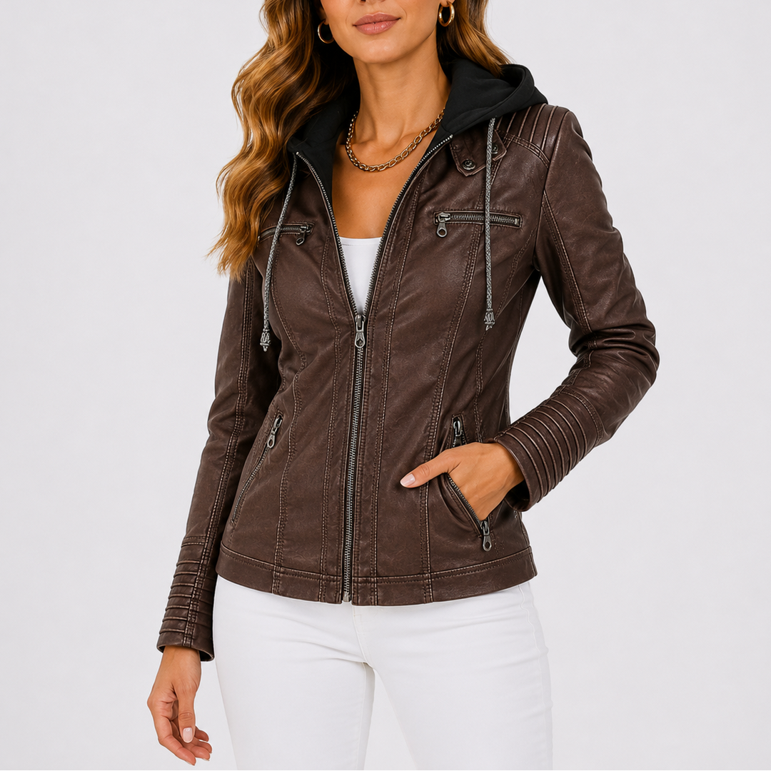 Women's Hooded Faux Leather Jacket with Zip Pockets