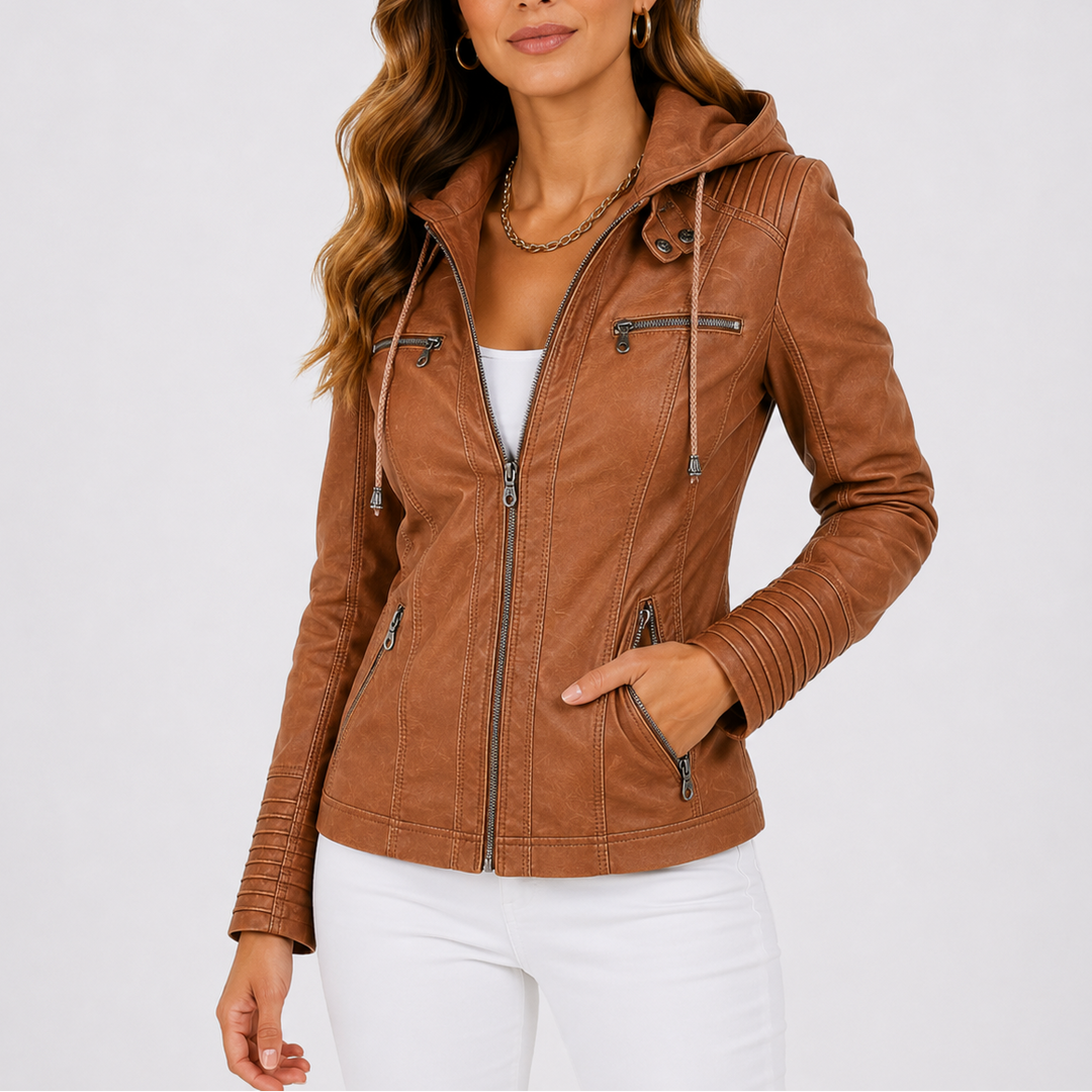 Women's Hooded Faux Leather Jacket with Zip Pockets