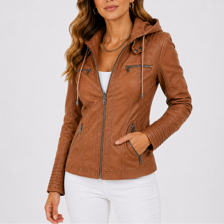 Women's Hooded Faux Leather Jacket with Zip Pockets