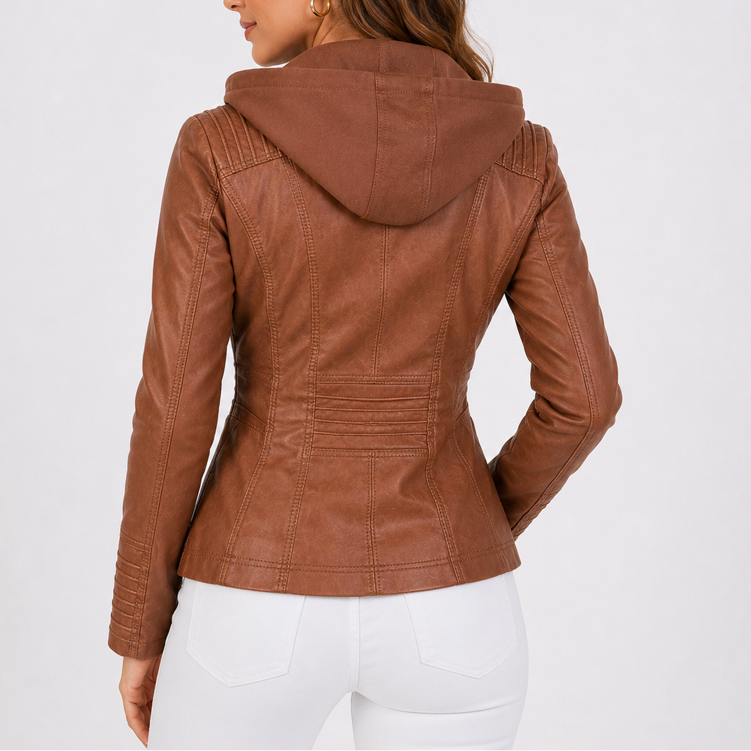 Women's Hooded Faux Leather Jacket with Zip Pockets