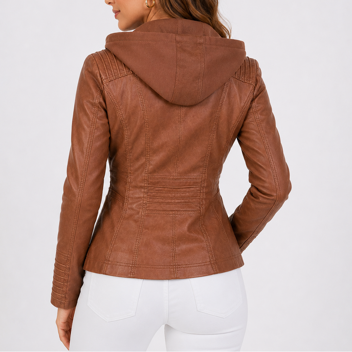 Women's Hooded Faux Leather Jacket with Zip Pockets