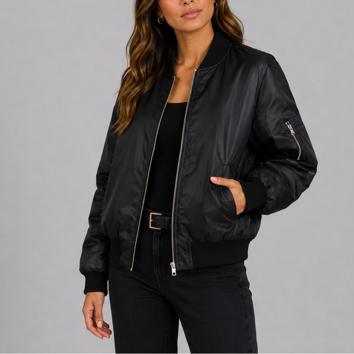 Women's Ribbed Trim Bomber Jacket with Zip Pocket