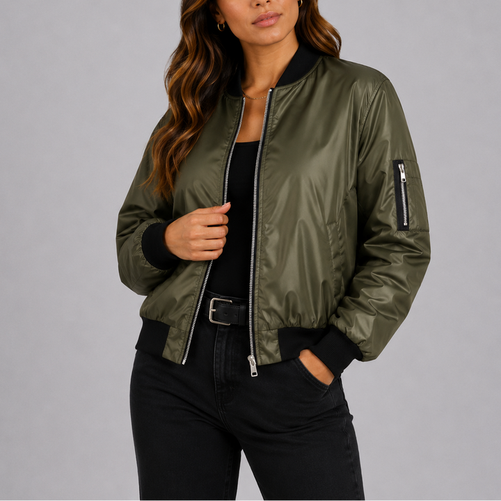 Women's Ribbed Trim Bomber Jacket with Zip Pocket