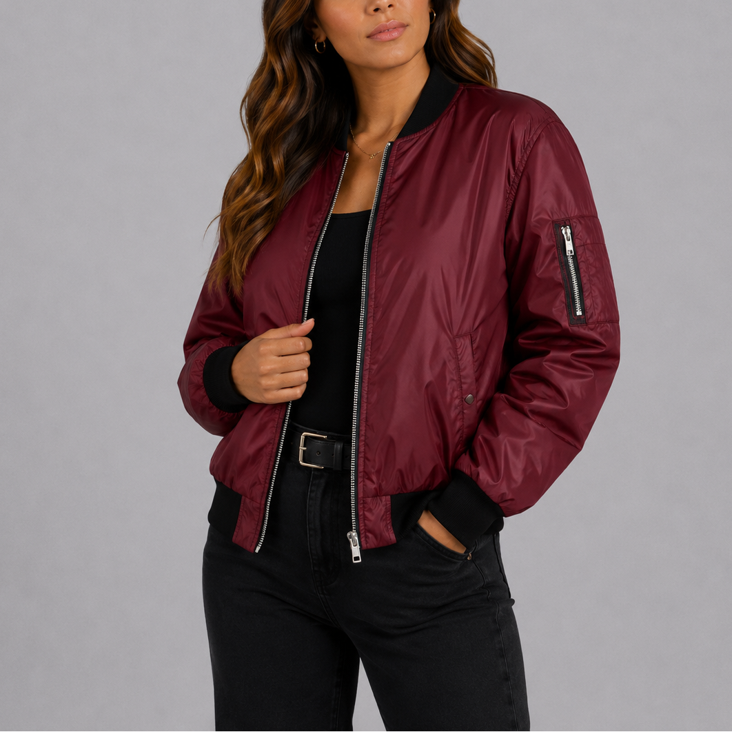 Women's Ribbed Trim Bomber Jacket with Zip Pocket