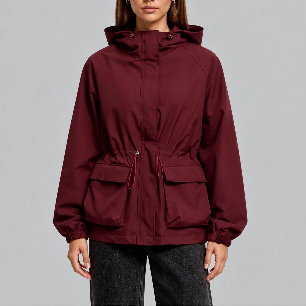 Women's Waterproof Hooded Jacket with Drawstring Waist