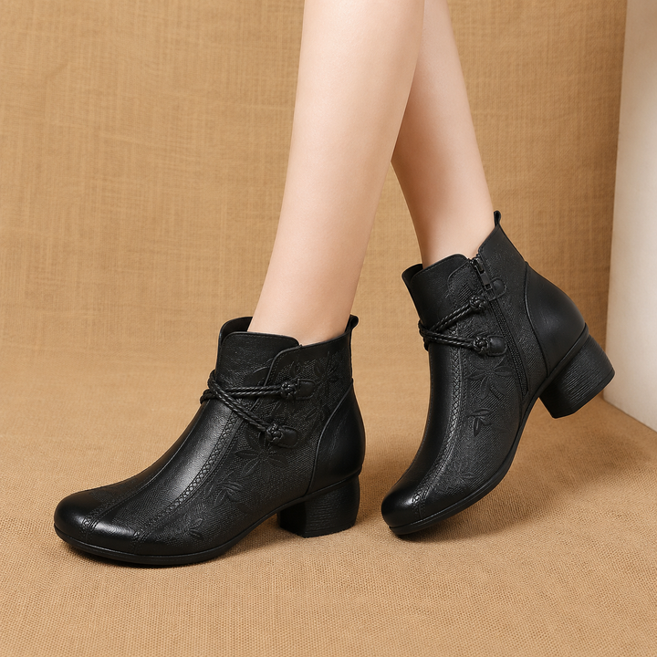 Women's Leather Ankle Boots with Block Heel and Leaf Detail