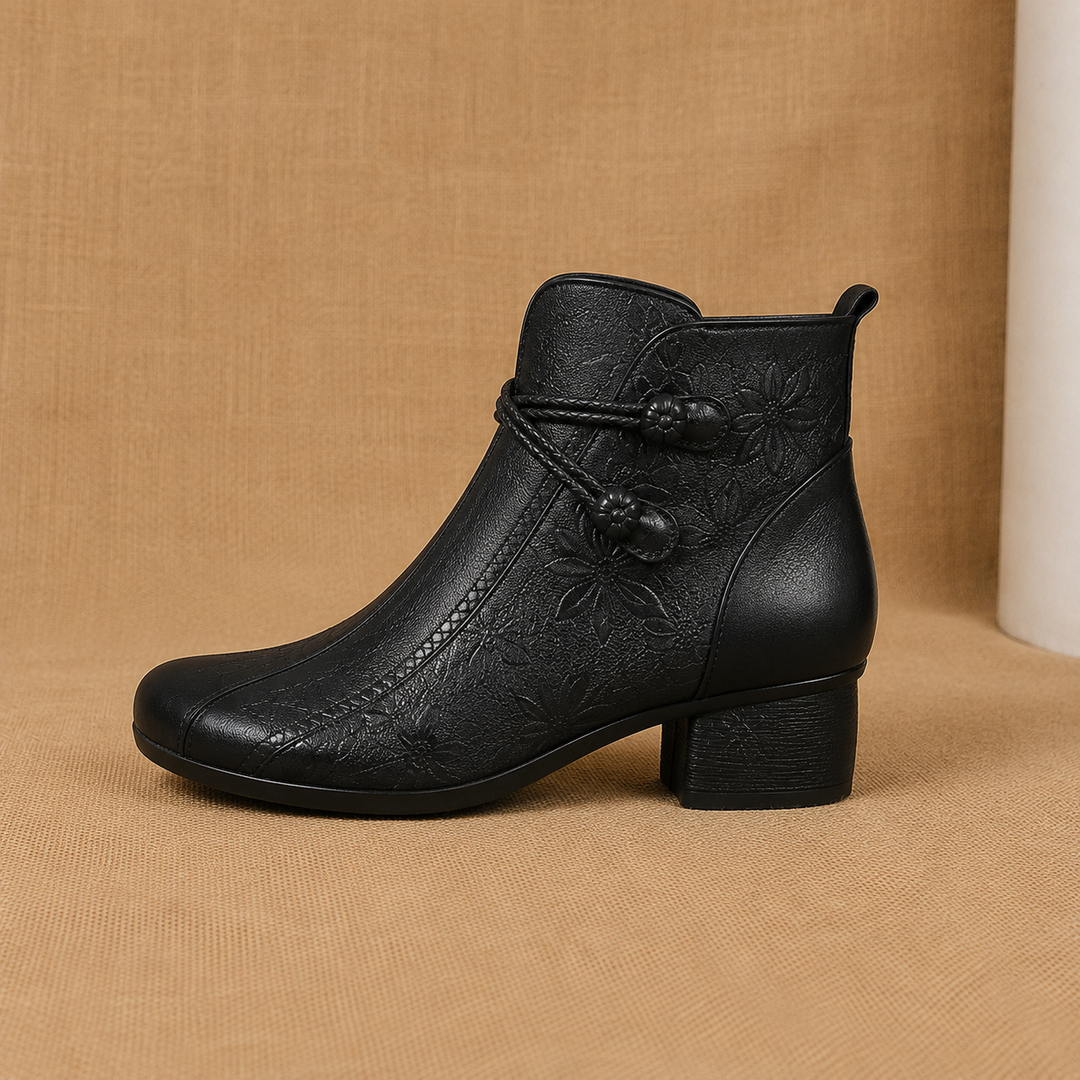 Women's Leather Ankle Boots with Block Heel and Leaf Detail