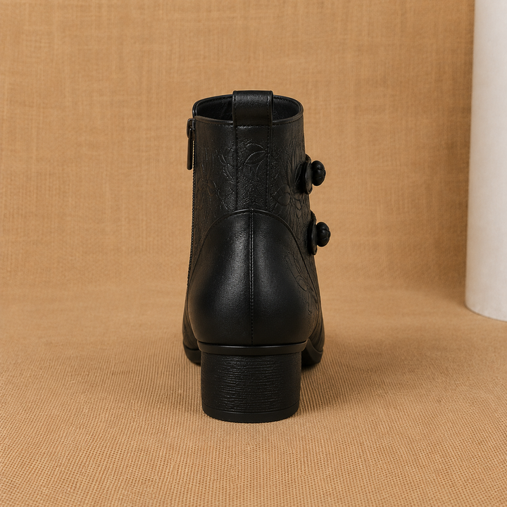 Women's Leather Ankle Boots with Block Heel and Leaf Detail