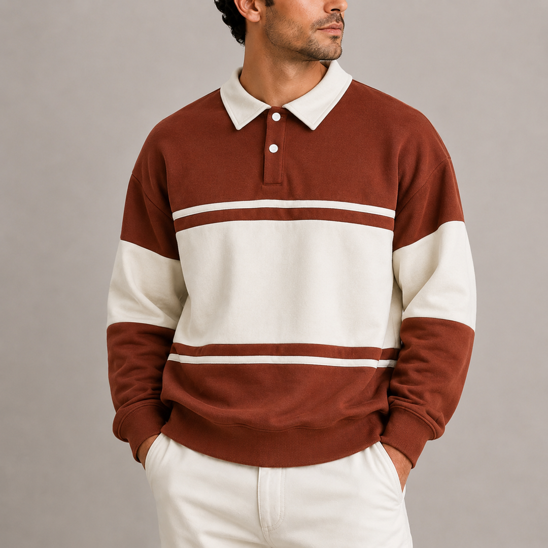 Men's Colourblock Rugby Polo Sweatshirt with Button Placket