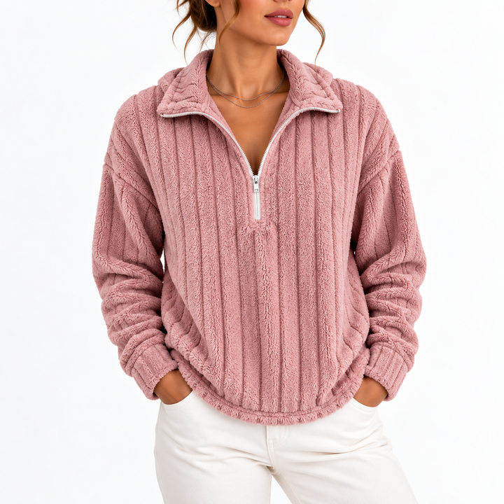 Women's Fleece Ribbed Half-Zip Sweatshirt in Relaxed Fit