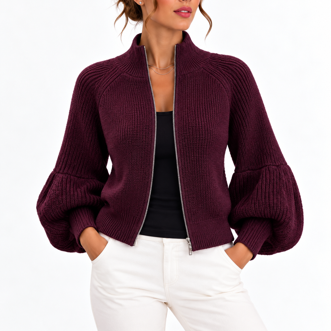 Women's Cropped Knit Cardigan with Puff Sleeves