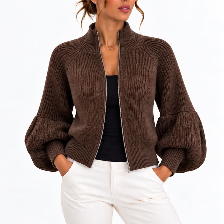 Women's Cropped Knit Cardigan with Puff Sleeves