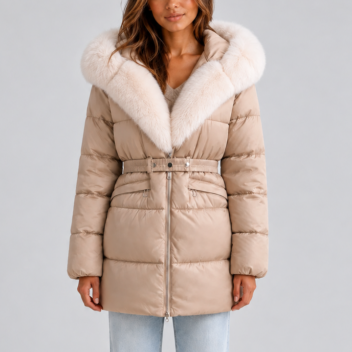 Women's Belted Puffer Coat with Faux Fur Hood