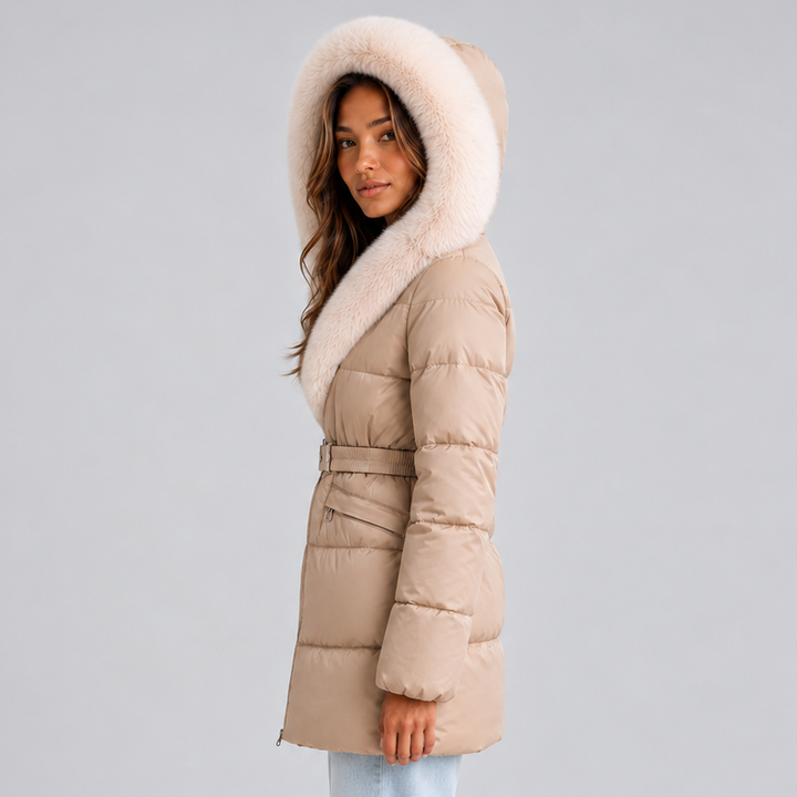 Women's Belted Puffer Coat with Faux Fur Hood
