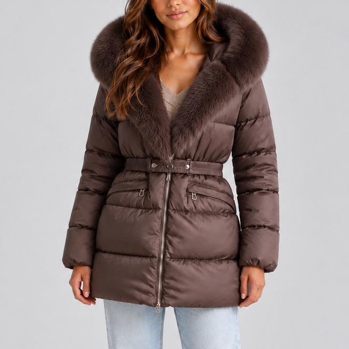 Women's Belted Puffer Coat with Faux Fur Hood