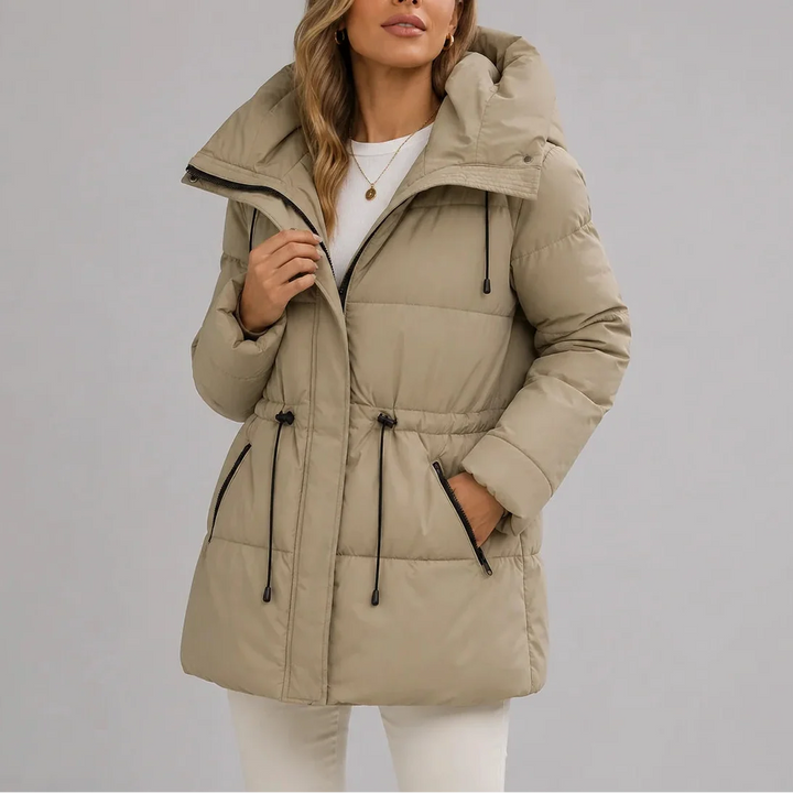 Women's Hooded Puffer Coat with Drawstring Waist