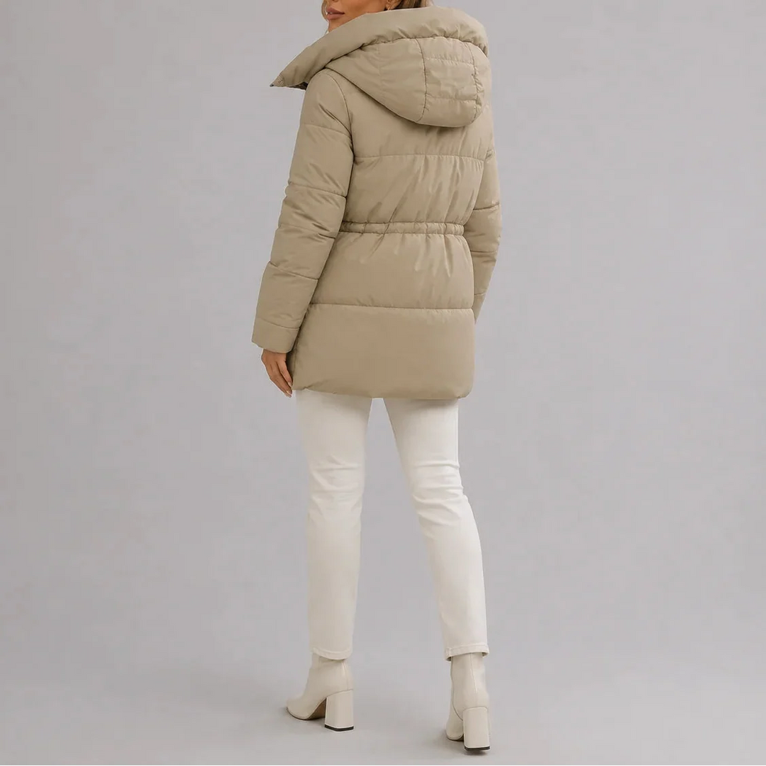 Women's Hooded Puffer Coat with Drawstring Waist