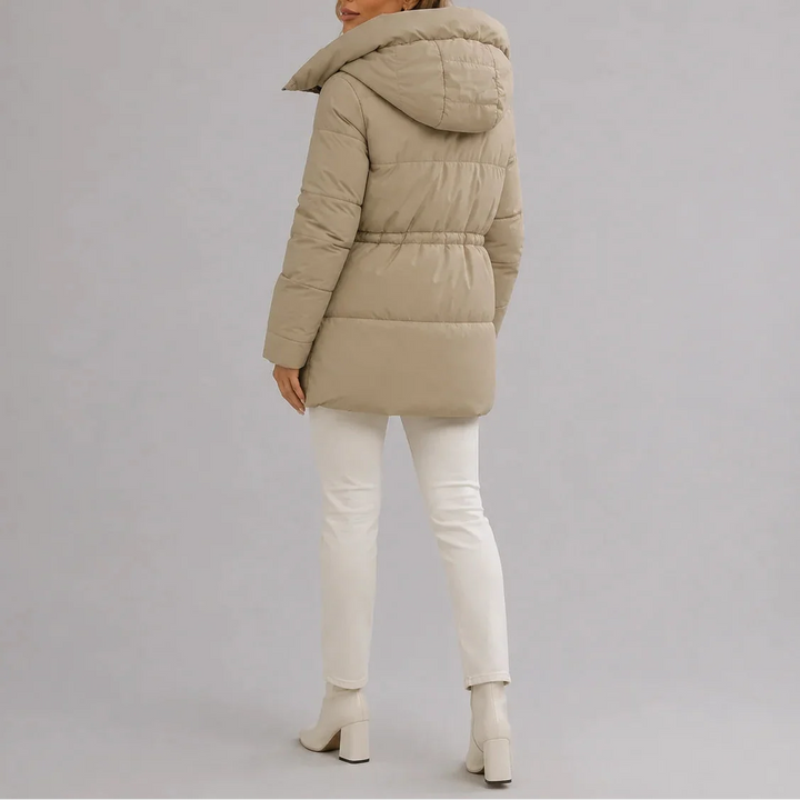 Women's Hooded Puffer Coat with Drawstring Waist