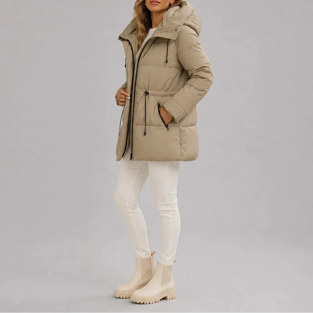 Women's Hooded Puffer Coat with Drawstring Waist