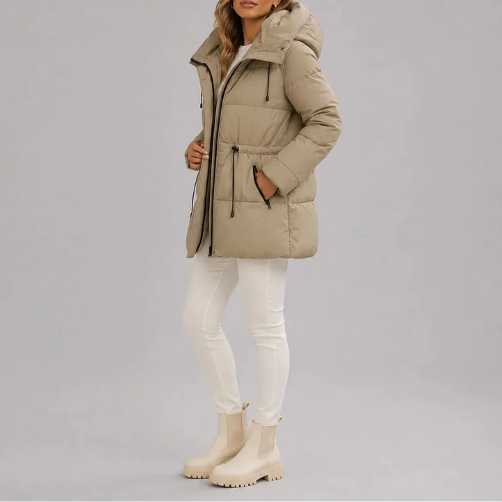 Women's Hooded Puffer Coat with Drawstring Waist