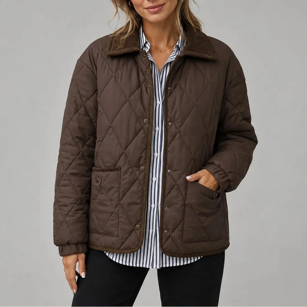 Women's Diamond Quilted Jacket with Corduroy Collar