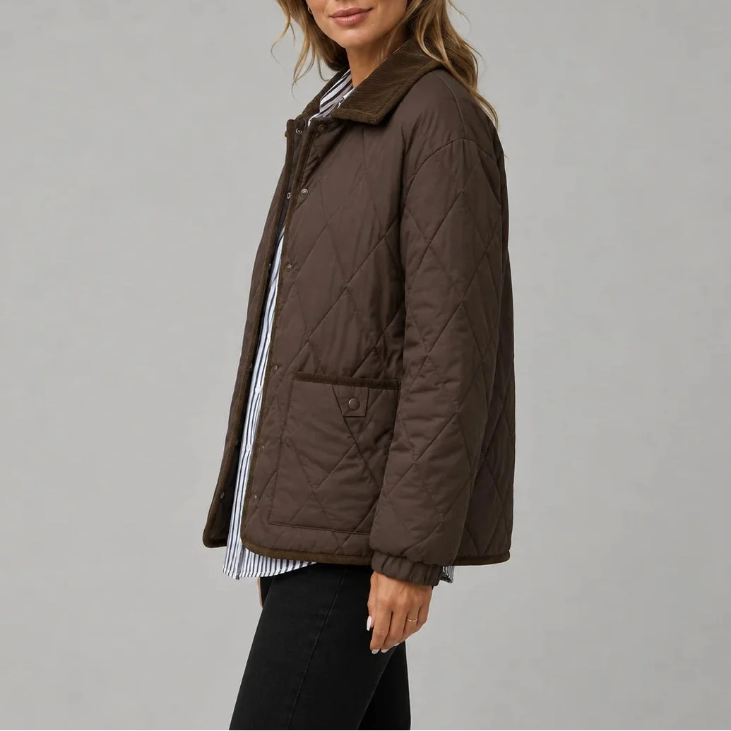 Women's Diamond Quilted Jacket with Corduroy Collar