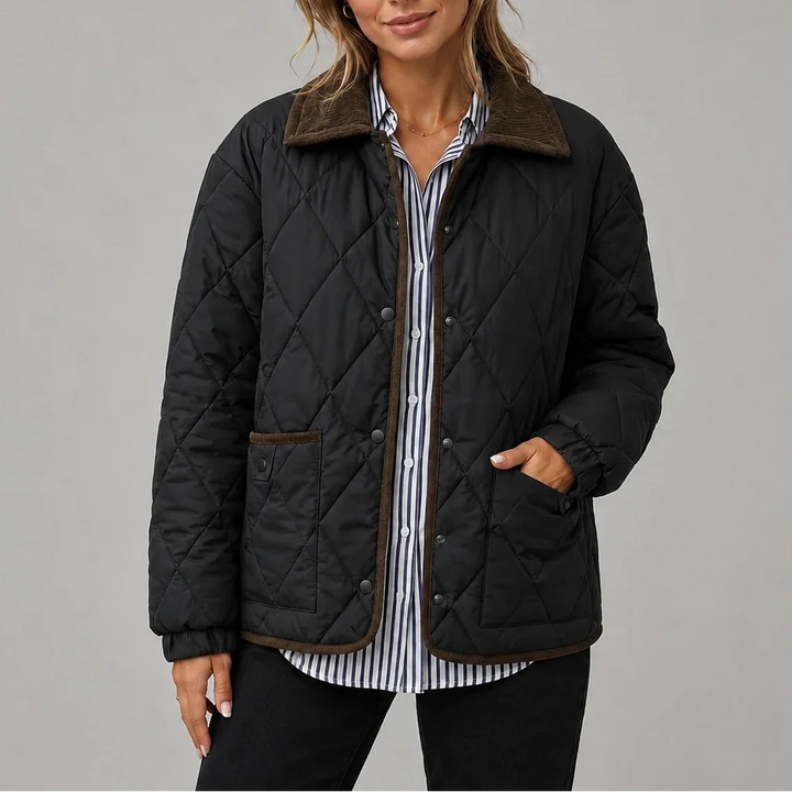 Women's Diamond Quilted Jacket with Corduroy Collar