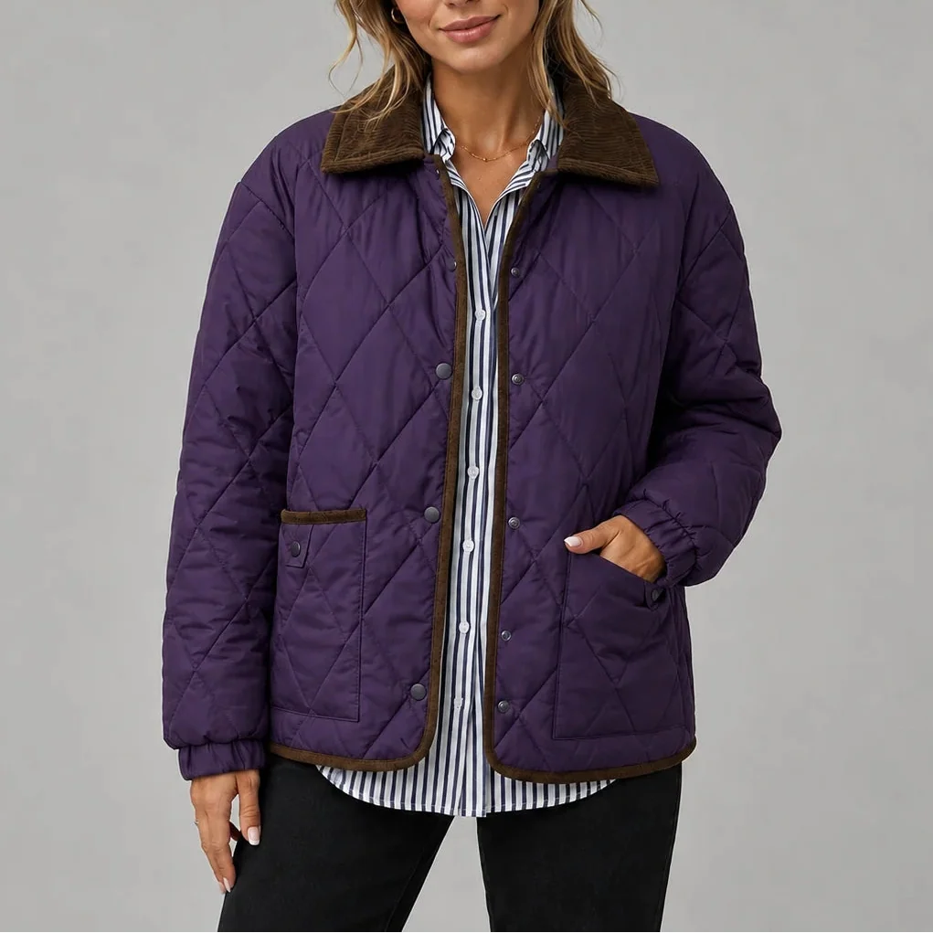 Women's Diamond Quilted Jacket with Corduroy Collar