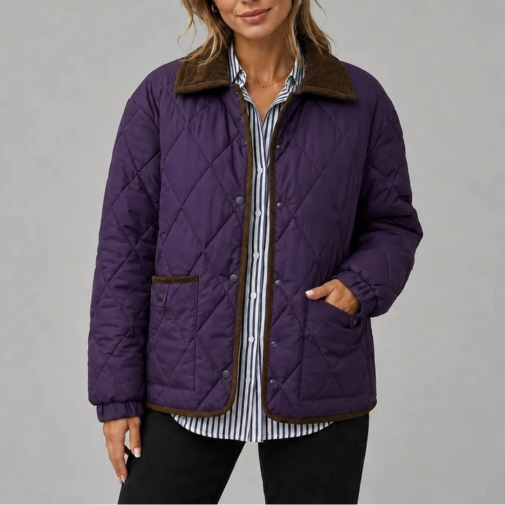 Women's Diamond Quilted Jacket with Corduroy Collar