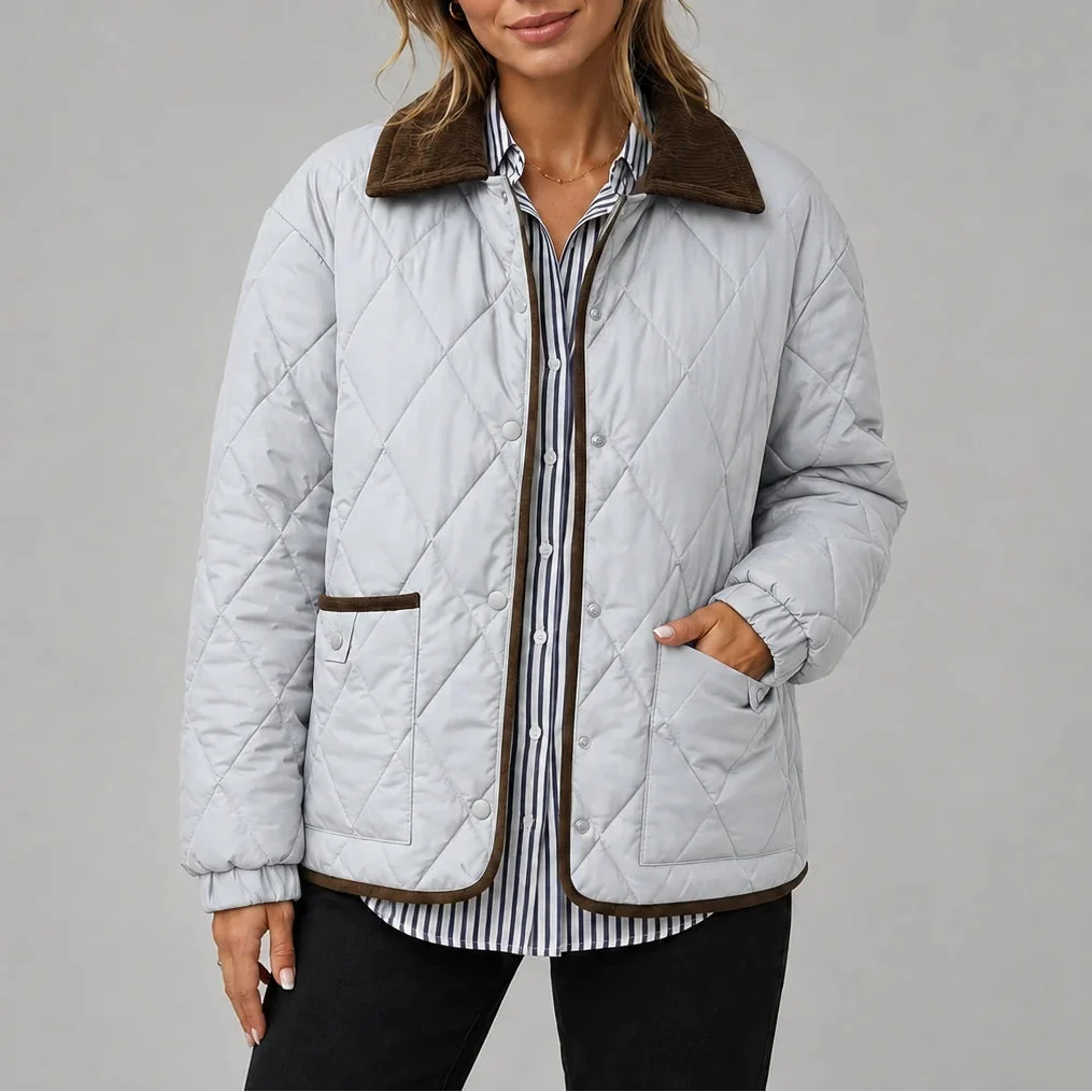 Women's Diamond Quilted Jacket with Corduroy Collar