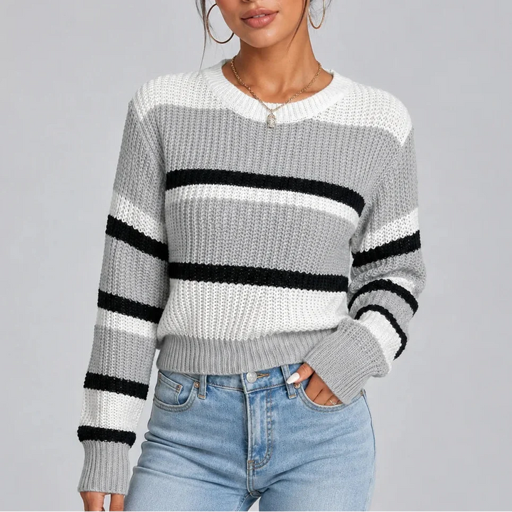 Women's Striped Knitted Jumper with Crew Neck
