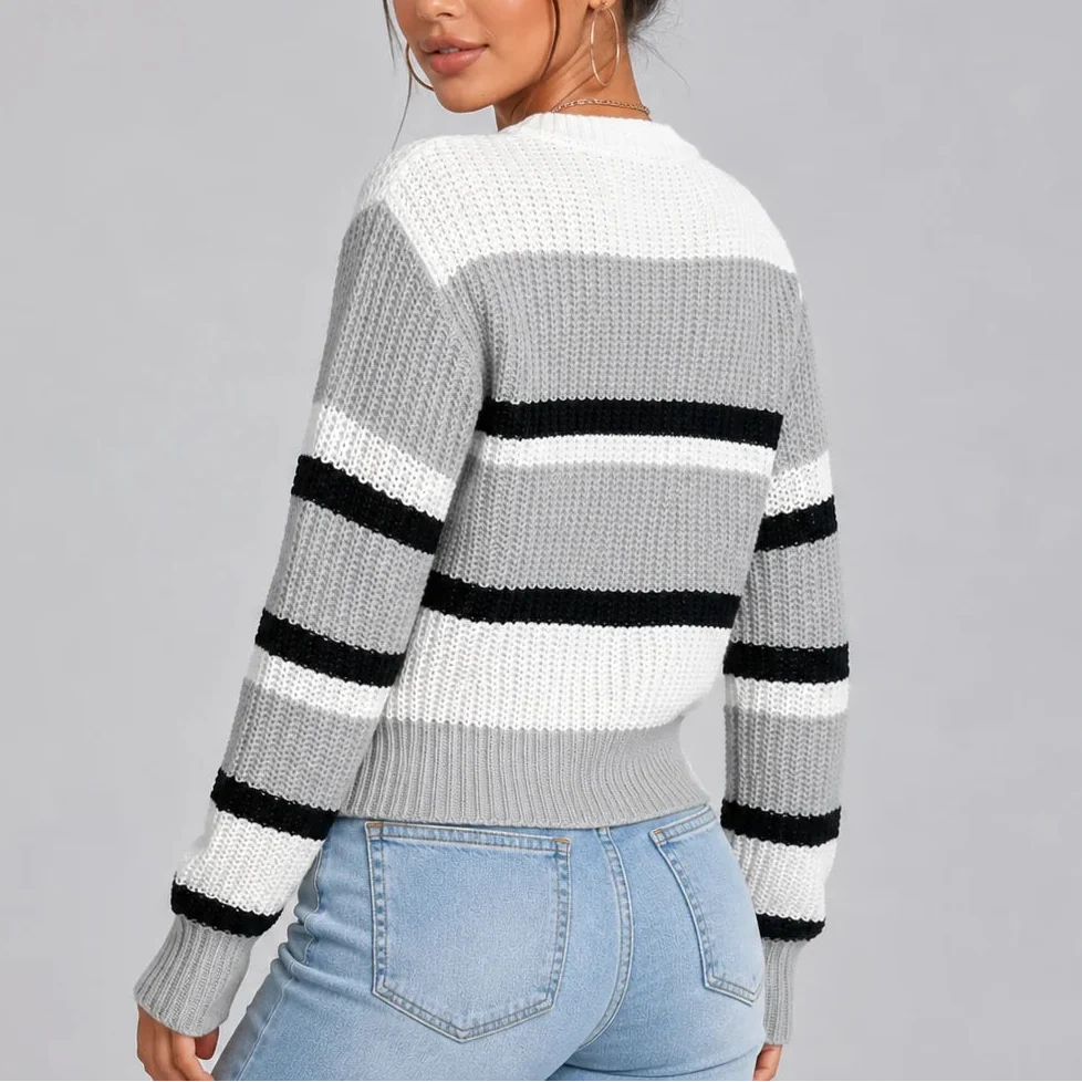 Women's Striped Knitted Jumper with Crew Neck