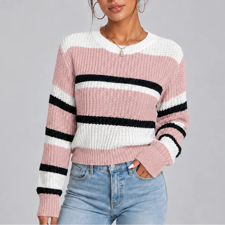 Women's Striped Knitted Jumper with Crew Neck