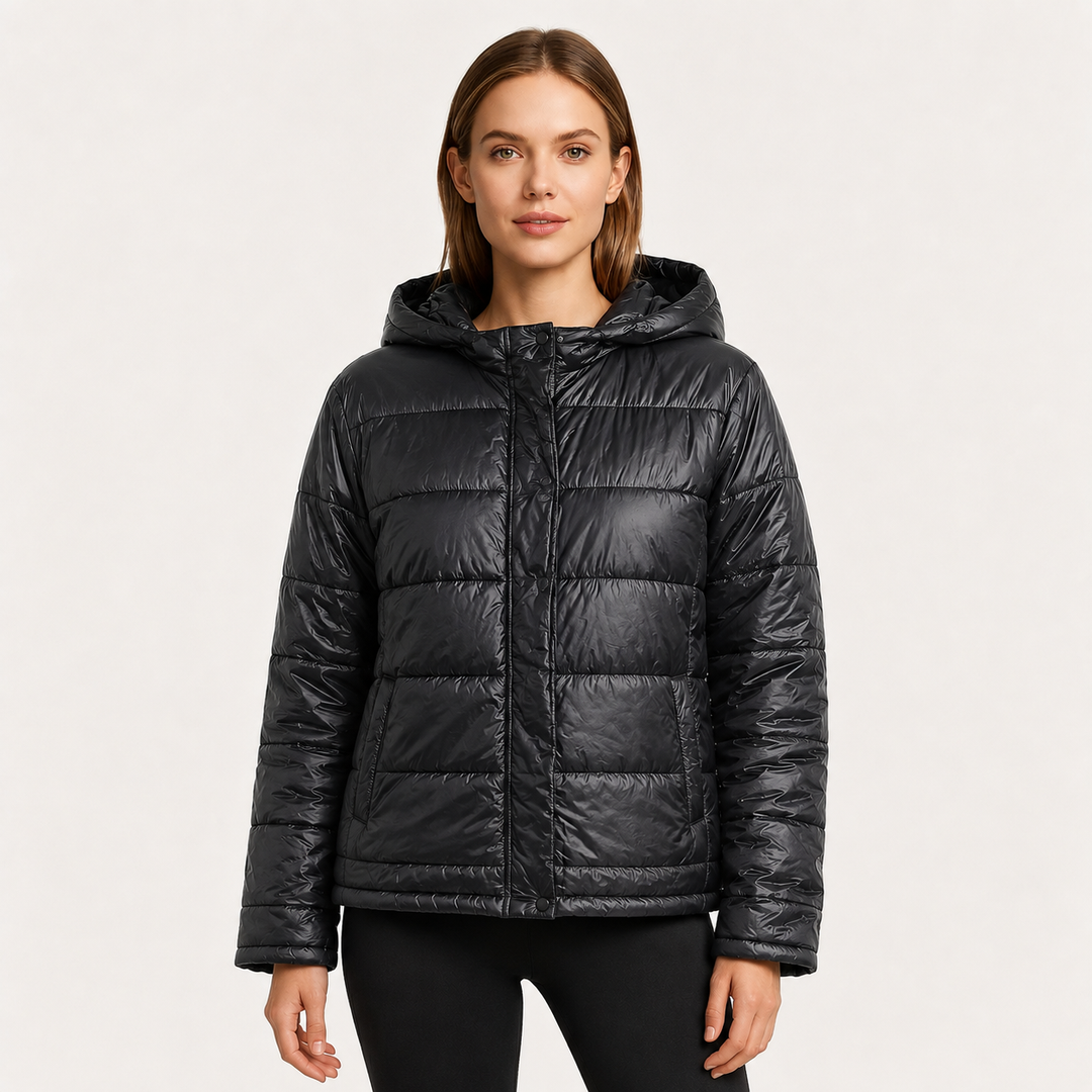 Women's Glossy Puffer Jacket with Padded Hood