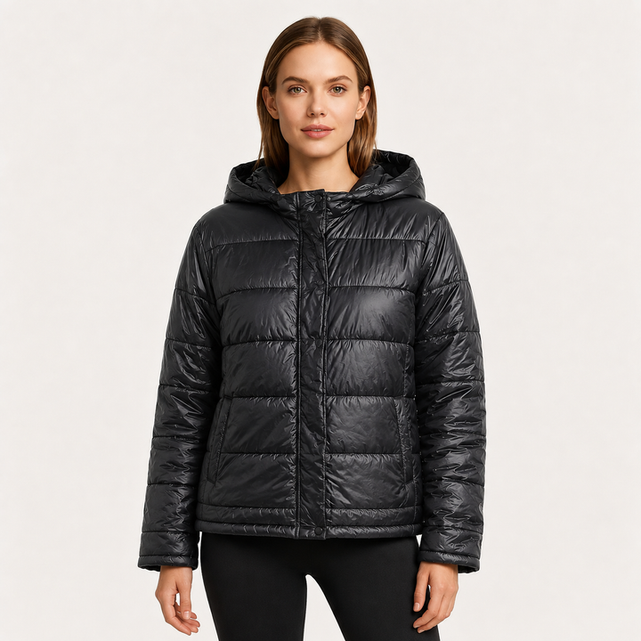 Women's Glossy Puffer Jacket with Padded Hood